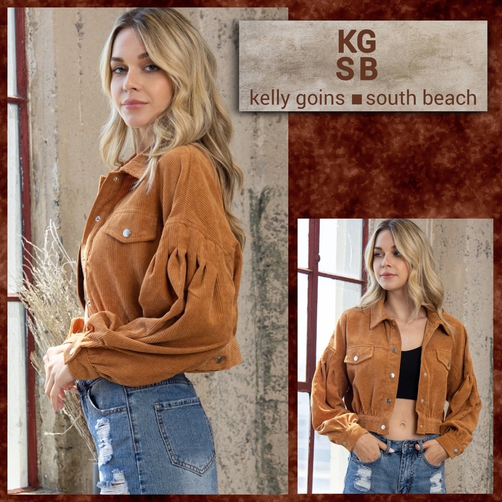 📌 KGSB Cropped Corduroy Snap Front Jacket Dropped Shoulders and Balloon Sleeves